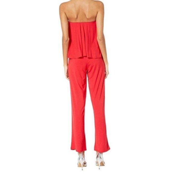 Bebe Embellished Logo Strapless Wide Leg Women's Jumpsuits True Red Size L - Picture 2 of 11